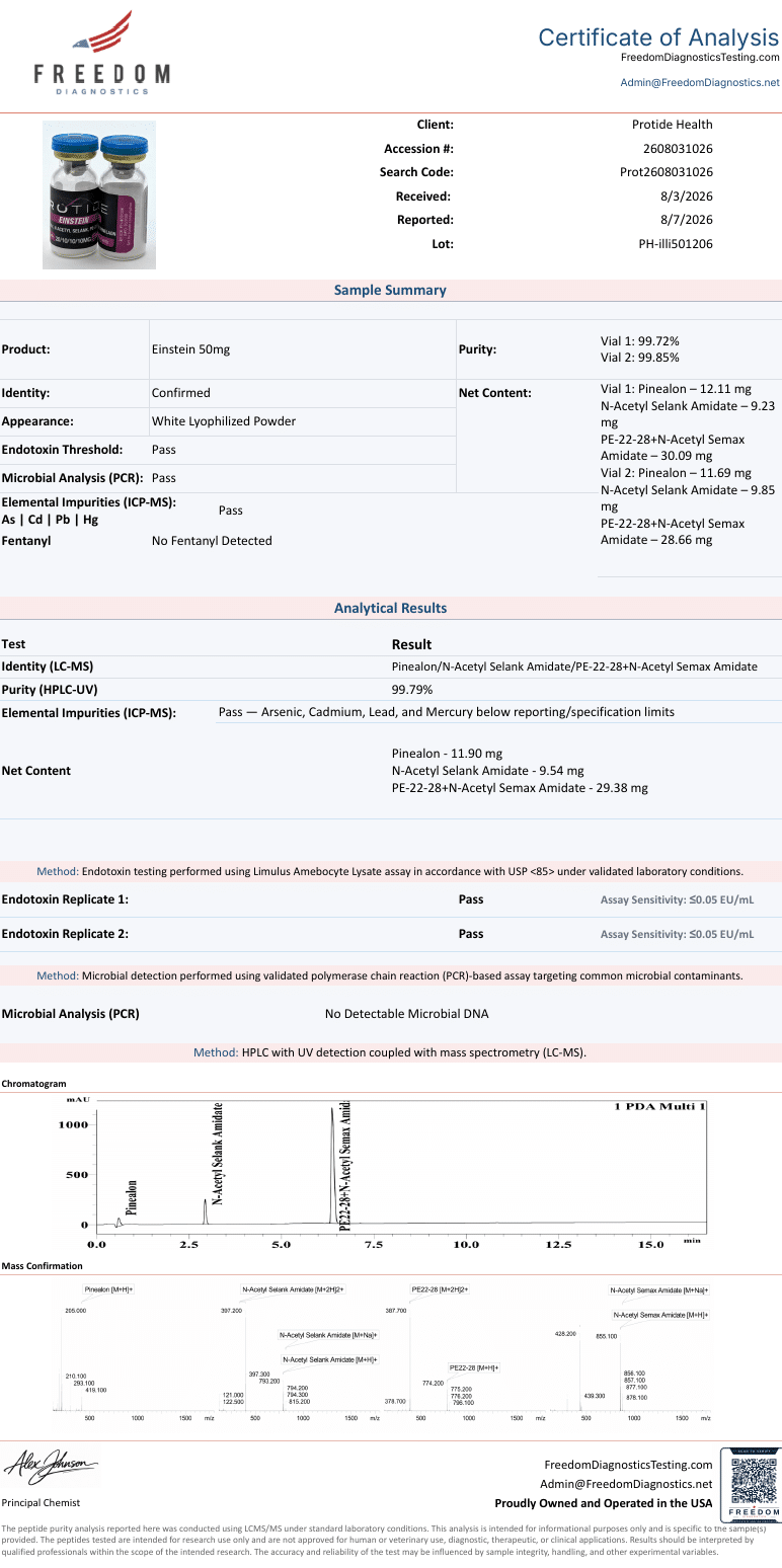 Illumineuro “Einstein” Peptide Blend certificate of analysis (manufacturer COA)