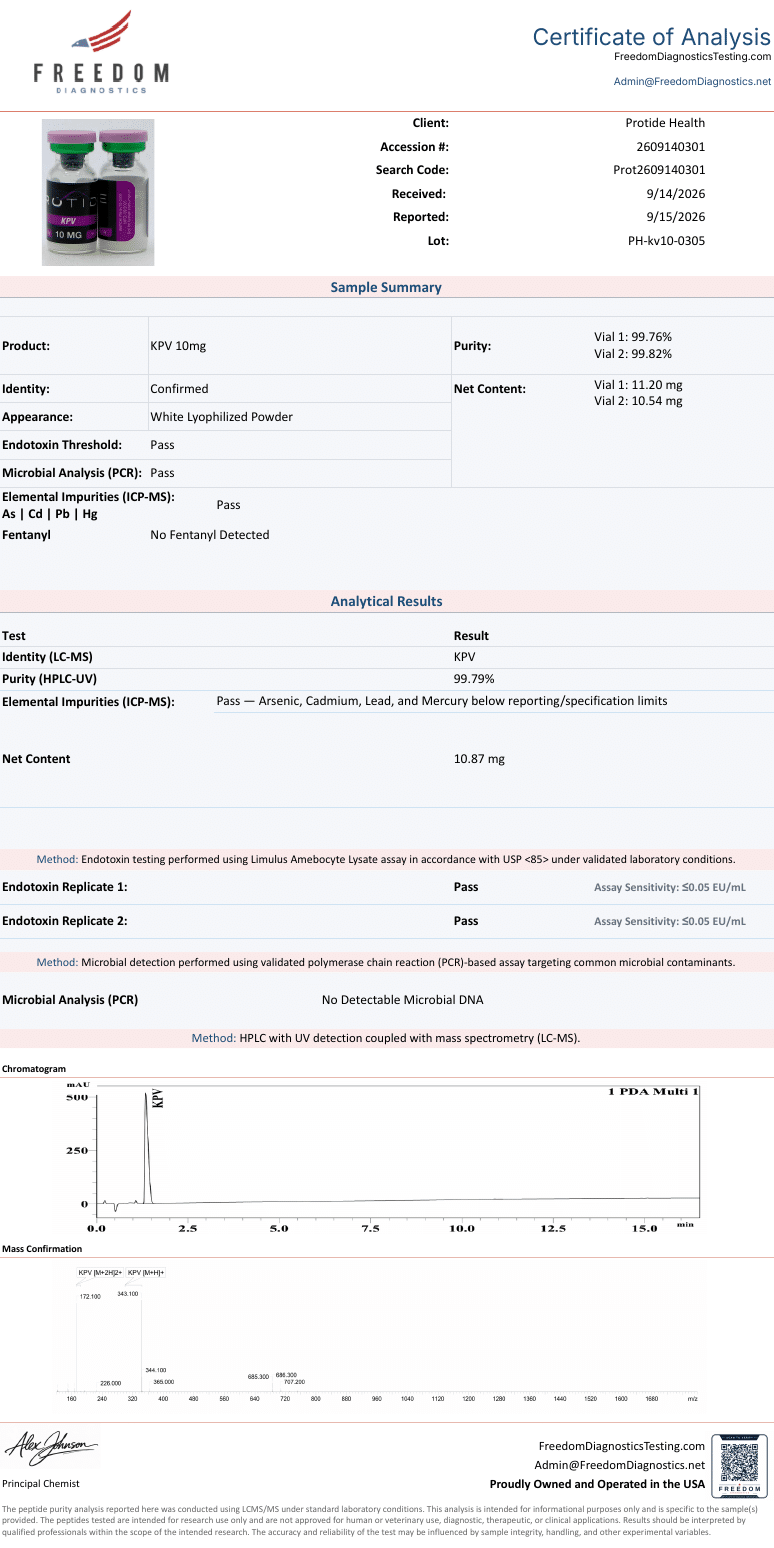 KPV 10mg certificate of analysis (manufacturer COA)