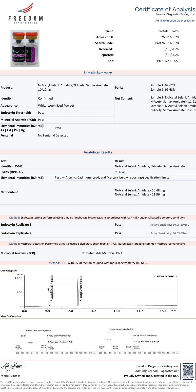Semax & Selank Blend (N-Acetyl Amidate) 10/10mg certificate of analysis (manufacturer COA)
