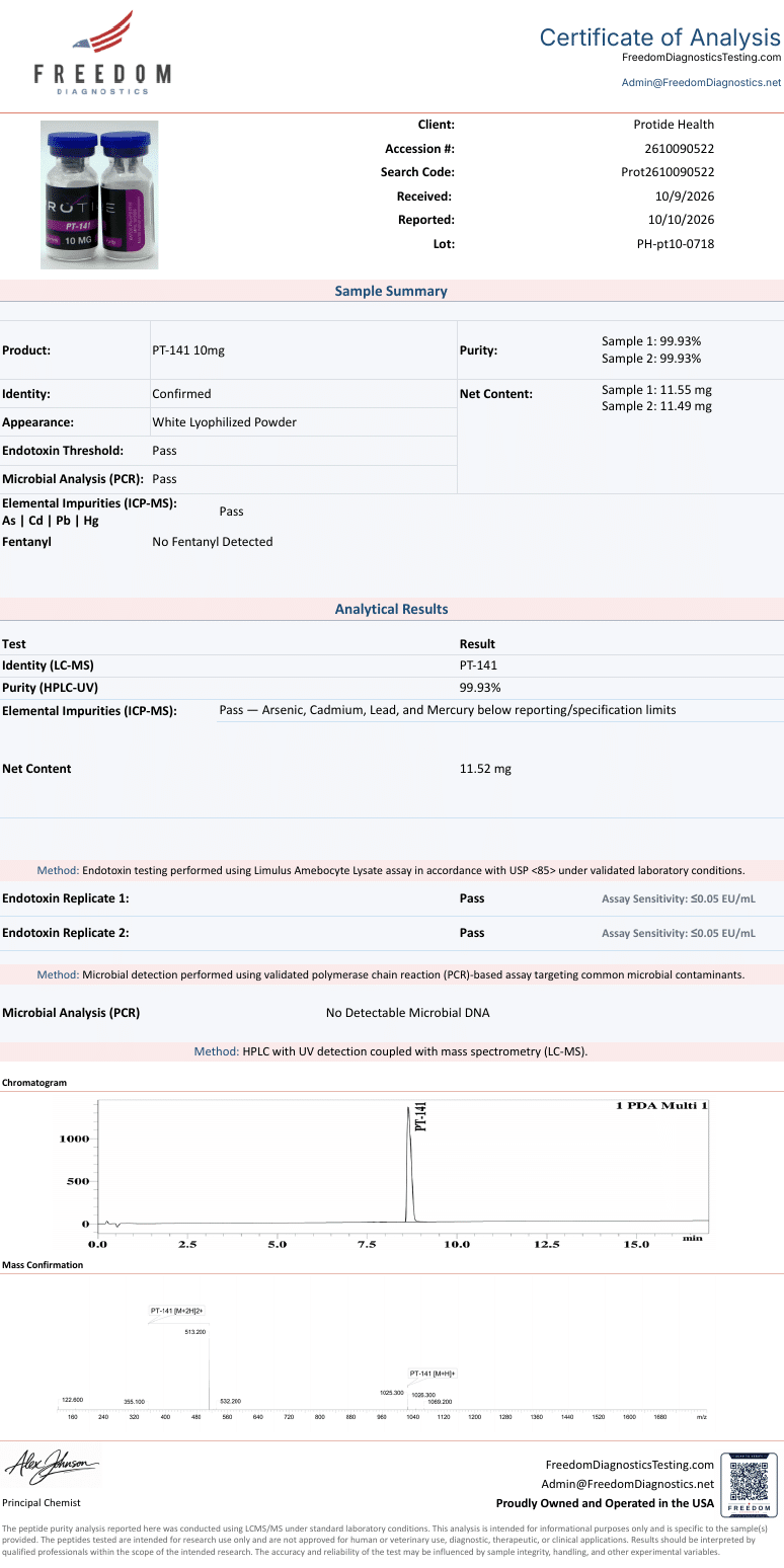 PT-141 10mg certificate of analysis (manufacturer COA)