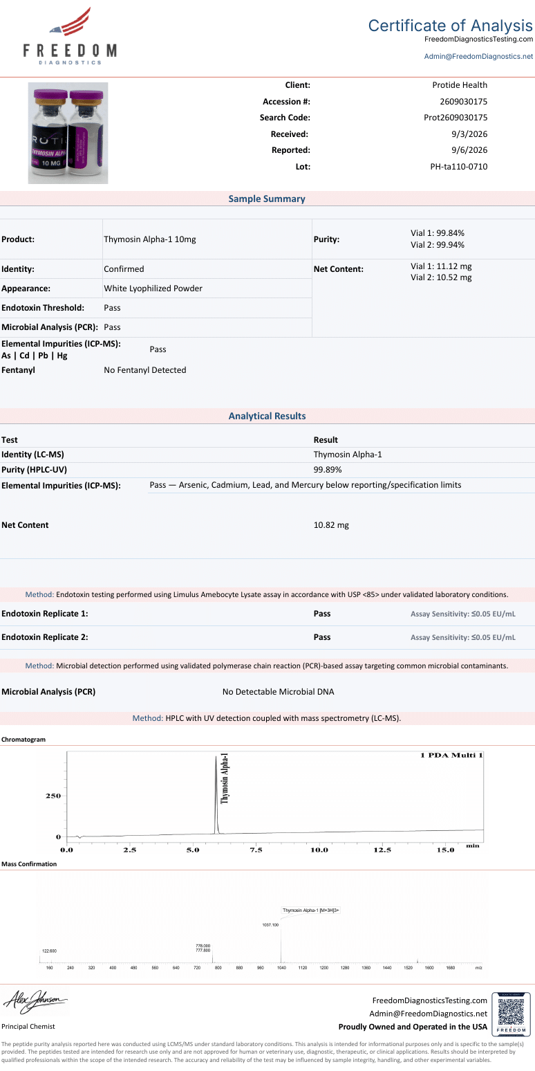 Thymosin Alpha-1 10mg certificate of analysis (manufacturer COA)